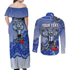 Personalized Kangaroos Football Mascot Couples Matching Off Shoulder Maxi Dress and Long Sleeve Button Shirt Aboriginal Dot Art Style Vibrant Indigenous Pattern Design