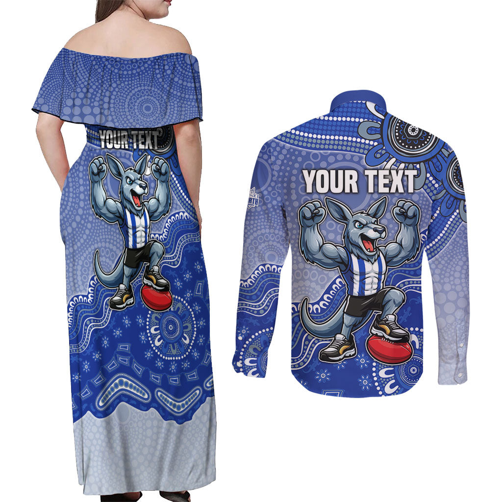 Personalized Kangaroos Football Mascot Couples Matching Off Shoulder Maxi Dress and Long Sleeve Button Shirt Aboriginal Dot Art Style Vibrant Indigenous Pattern Design