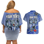 Personalized Kangaroos Football Mascot Couples Matching Off Shoulder Short Dress and Hawaiian Shirt Aboriginal Dot Art Style Vibrant Indigenous Pattern Design