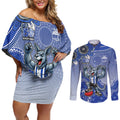 Personalized Kangaroos Football Mascot Couples Matching Off Shoulder Short Dress and Long Sleeve Button Shirt Aboriginal Dot Art Style Vibrant Indigenous Pattern Design