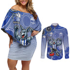 Personalized Kangaroos Football Mascot Couples Matching Off Shoulder Short Dress and Long Sleeve Button Shirt Aboriginal Dot Art Style Vibrant Indigenous Pattern Design