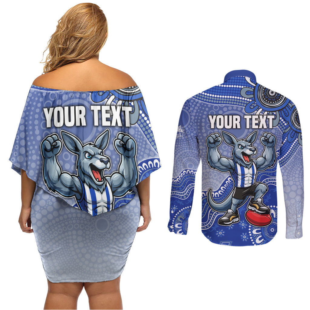 Personalized Kangaroos Football Mascot Couples Matching Off Shoulder Short Dress and Long Sleeve Button Shirt Aboriginal Dot Art Style Vibrant Indigenous Pattern Design