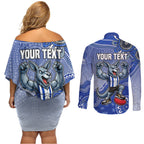 Personalized Kangaroos Football Mascot Couples Matching Off Shoulder Short Dress and Long Sleeve Button Shirt Aboriginal Dot Art Style Vibrant Indigenous Pattern Design