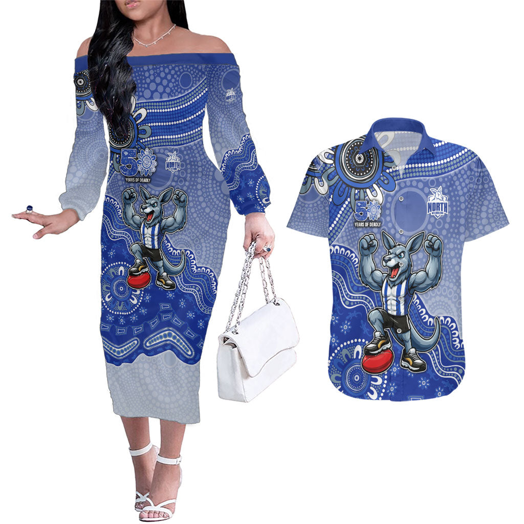 Personalized Kangaroos Football Mascot Couples Matching Off The Shoulder Long Sleeve Dress and Hawaiian Shirt Aboriginal Dot Art Style Vibrant Indigenous Pattern Design