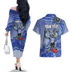 Personalized Kangaroos Football Mascot Couples Matching Off The Shoulder Long Sleeve Dress and Hawaiian Shirt Aboriginal Dot Art Style Vibrant Indigenous Pattern Design