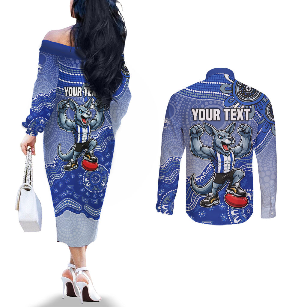 Personalized Kangaroos Football Mascot Couples Matching Off The Shoulder Long Sleeve Dress and Long Sleeve Button Shirt Aboriginal Dot Art Style Vibrant Indigenous Pattern Design