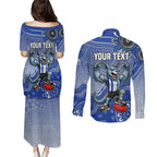 Personalized Kangaroos Football Mascot Couples Matching Puletasi and Long Sleeve Button Shirt Aboriginal Dot Art Style Vibrant Indigenous Pattern Design