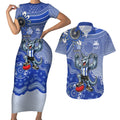 Personalized Kangaroos Football Mascot Couples Matching Short Sleeve Bodycon Dress and Hawaiian Shirt Aboriginal Dot Art Style Vibrant Indigenous Pattern Design