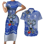Personalized Kangaroos Football Mascot Couples Matching Short Sleeve Bodycon Dress and Hawaiian Shirt Aboriginal Dot Art Style Vibrant Indigenous Pattern Design