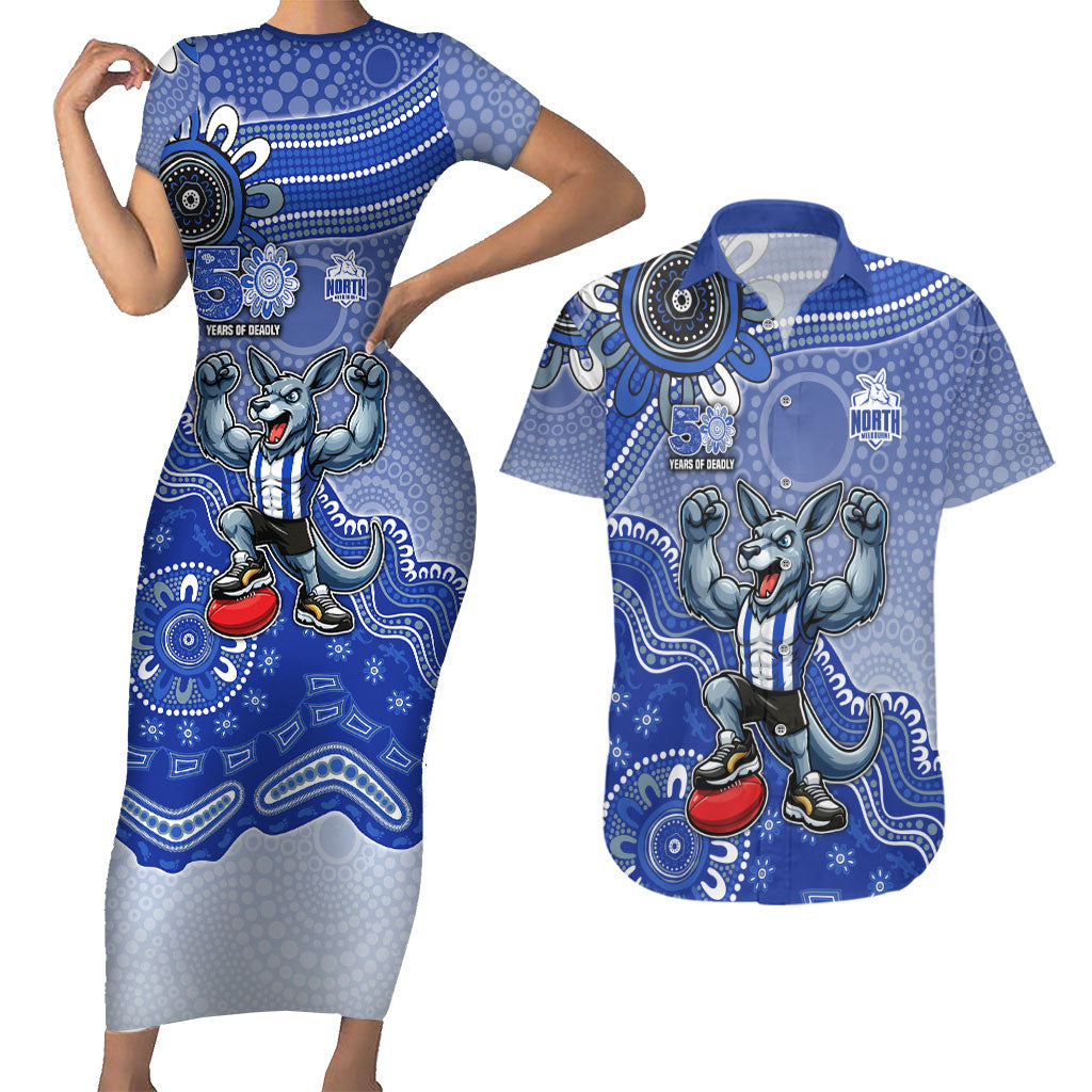 Personalized Kangaroos Football Mascot Couples Matching Short Sleeve Bodycon Dress and Hawaiian Shirt Aboriginal Dot Art Style Vibrant Indigenous Pattern Design