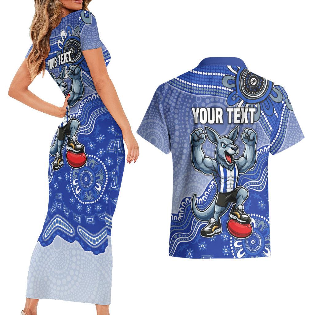 Personalized Kangaroos Football Mascot Couples Matching Short Sleeve Bodycon Dress and Hawaiian Shirt Aboriginal Dot Art Style Vibrant Indigenous Pattern Design