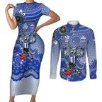 Personalized Kangaroos Football Mascot Couples Matching Short Sleeve Bodycon Dress and Long Sleeve Button Shirt Aboriginal Dot Art Style Vibrant Indigenous Pattern Design