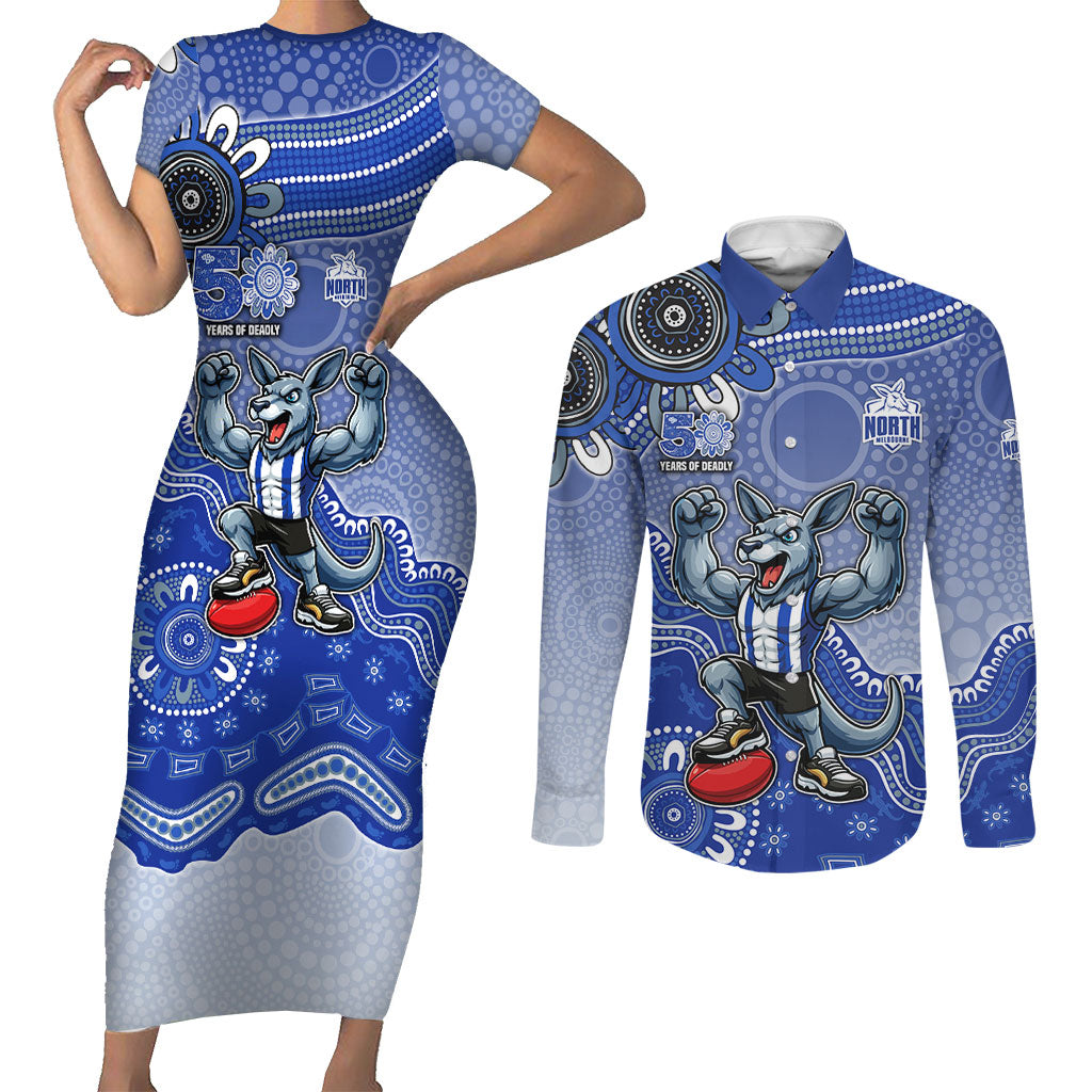 Personalized Kangaroos Football Mascot Couples Matching Short Sleeve Bodycon Dress and Long Sleeve Button Shirt Aboriginal Dot Art Style Vibrant Indigenous Pattern Design