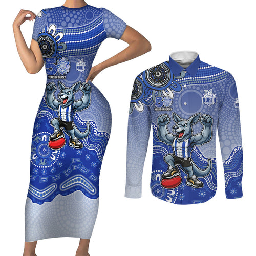 Personalized Kangaroos Football Mascot Couples Matching Short Sleeve Bodycon Dress and Long Sleeve Button Shirt Aboriginal Dot Art Style Vibrant Indigenous Pattern Design