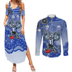 Personalized Kangaroos Football Mascot Couples Matching Summer Maxi Dress and Long Sleeve Button Shirt Aboriginal Dot Art Style Vibrant Indigenous Pattern Design