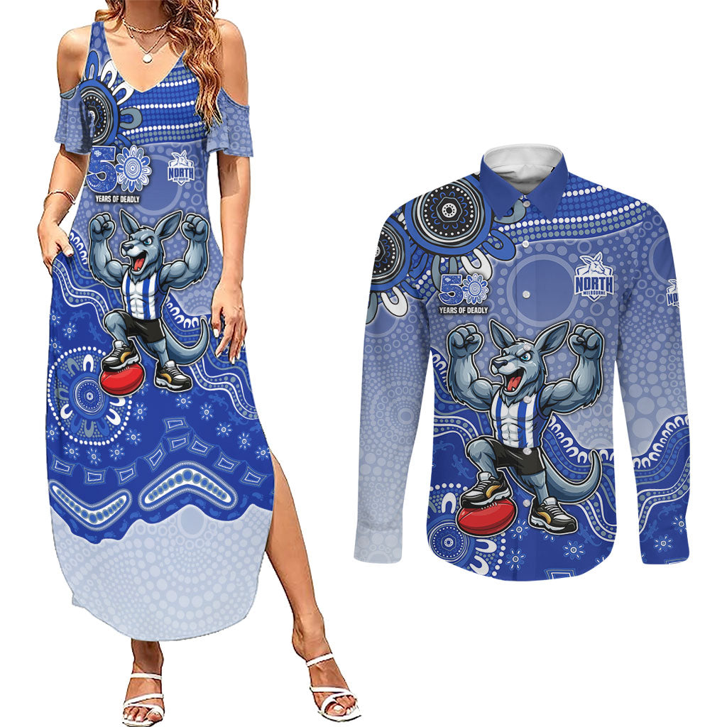 Personalized Kangaroos Football Mascot Couples Matching Summer Maxi Dress and Long Sleeve Button Shirt Aboriginal Dot Art Style Vibrant Indigenous Pattern Design