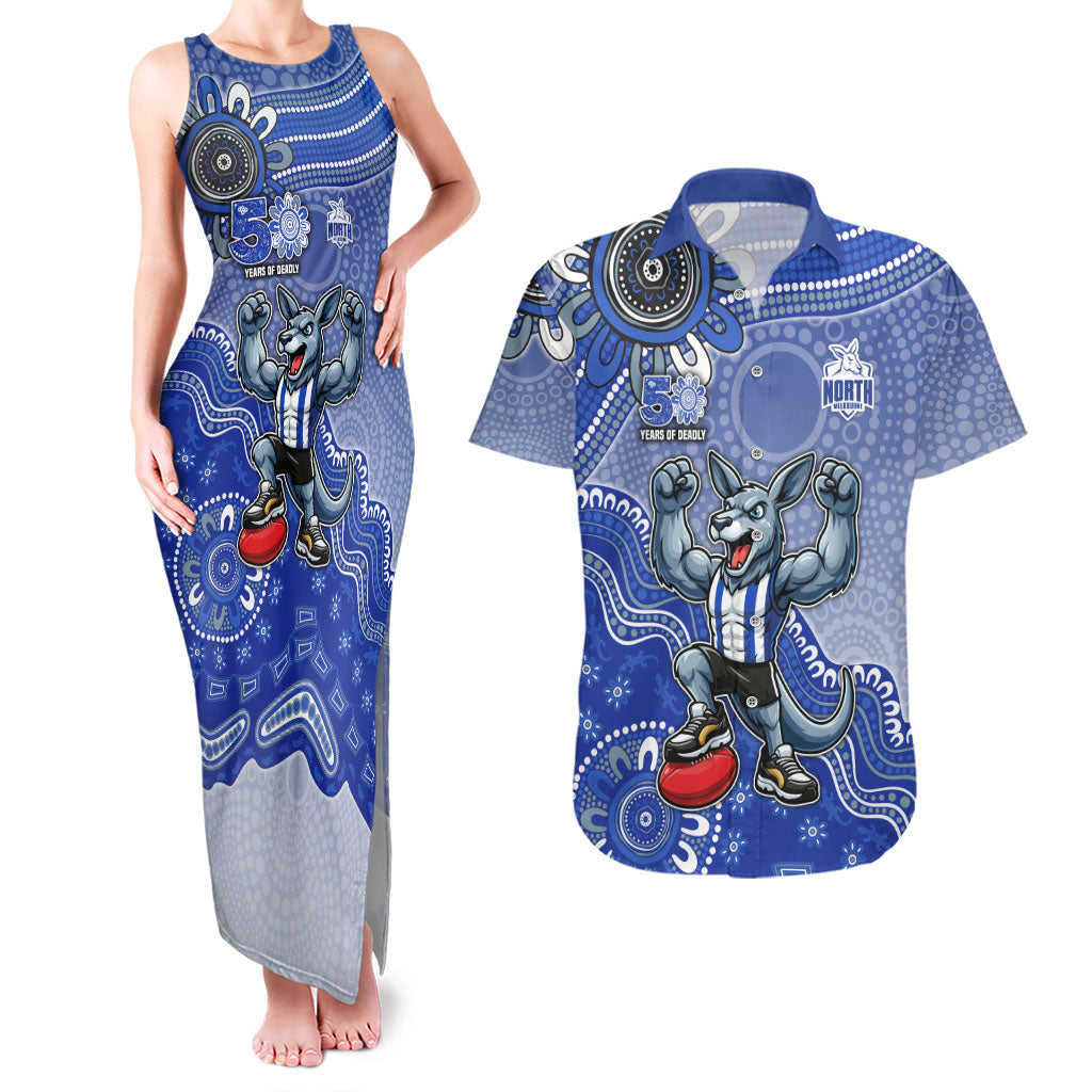 Personalized Kangaroos Football Mascot Couples Matching Tank Maxi Dress and Hawaiian Shirt Aboriginal Dot Art Style Vibrant Indigenous Pattern Design