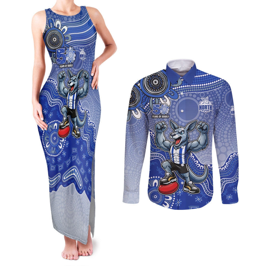 Personalized Kangaroos Football Mascot Couples Matching Tank Maxi Dress and Long Sleeve Button Shirt Aboriginal Dot Art Style Vibrant Indigenous Pattern Design