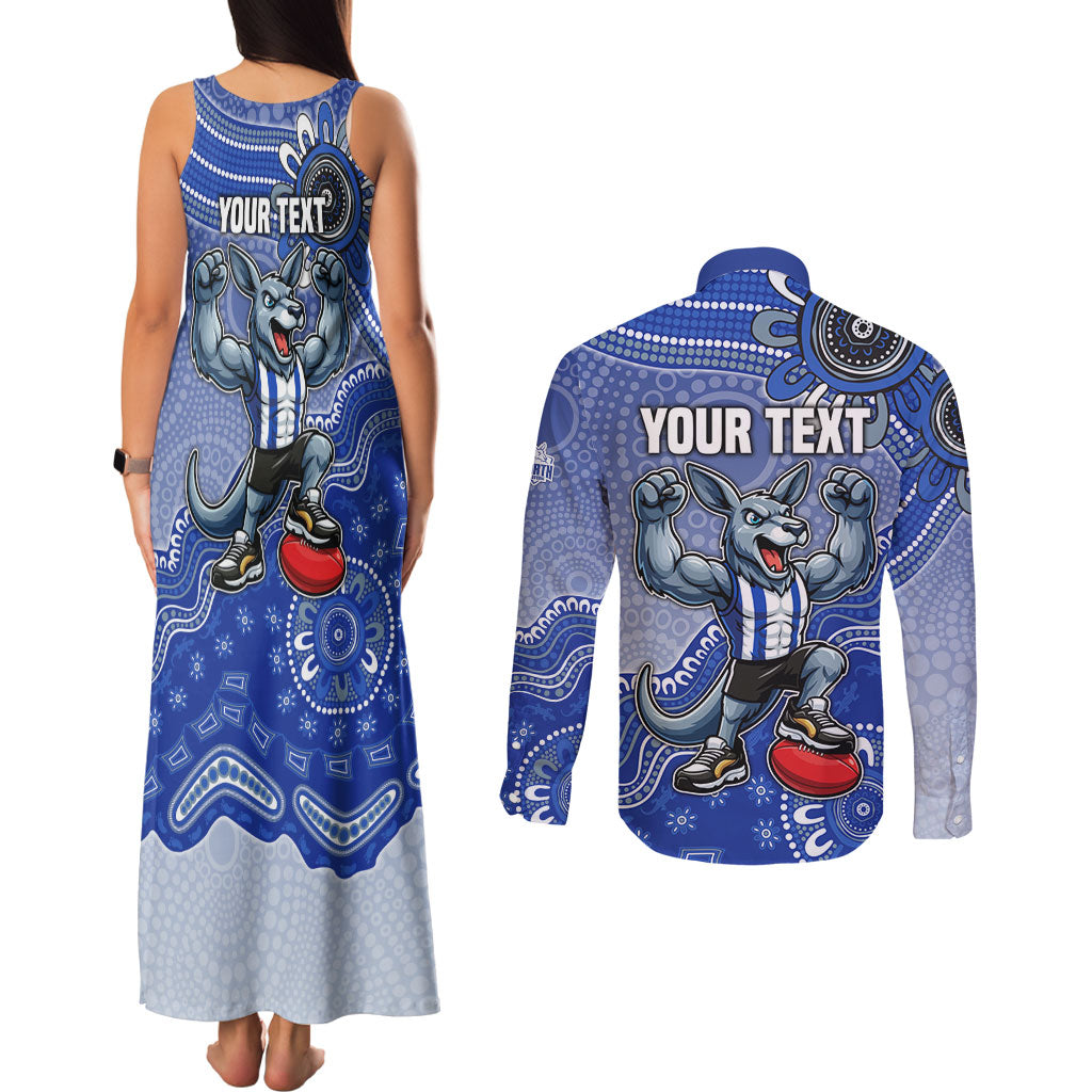 Personalized Kangaroos Football Mascot Couples Matching Tank Maxi Dress and Long Sleeve Button Shirt Aboriginal Dot Art Style Vibrant Indigenous Pattern Design