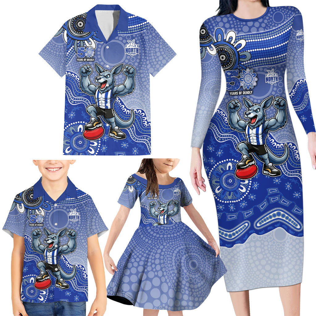 Personalized Kangaroos Football Mascot Family Matching Long Sleeve Bodycon Dress and Hawaiian Shirt Aboriginal Dot Art Style Vibrant Indigenous Pattern Design
