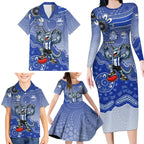 Personalized Kangaroos Football Mascot Family Matching Long Sleeve Bodycon Dress and Hawaiian Shirt Aboriginal Dot Art Style Vibrant Indigenous Pattern Design