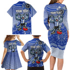 Personalized Kangaroos Football Mascot Family Matching Long Sleeve Bodycon Dress and Hawaiian Shirt Aboriginal Dot Art Style Vibrant Indigenous Pattern Design