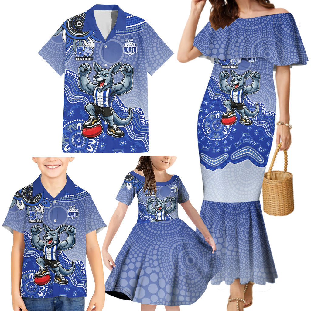 Personalized Kangaroos Football Mascot Family Matching Mermaid Dress and Hawaiian Shirt Aboriginal Dot Art Style Vibrant Indigenous Pattern Design