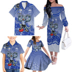 Personalized Kangaroos Football Mascot Family Matching Off The Shoulder Long Sleeve Dress and Hawaiian Shirt Aboriginal Dot Art Style Vibrant Indigenous Pattern Design
