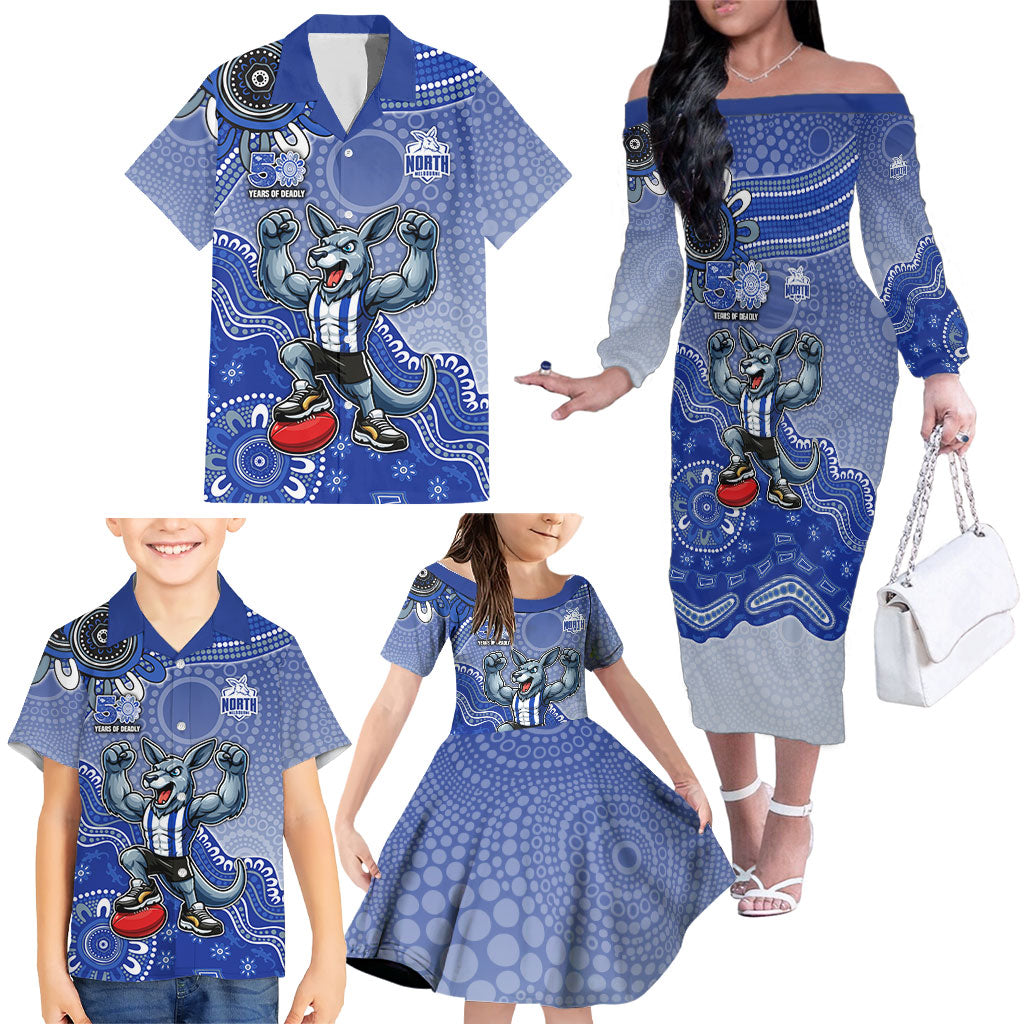 Personalized Kangaroos Football Mascot Family Matching Off The Shoulder Long Sleeve Dress and Hawaiian Shirt Aboriginal Dot Art Style Vibrant Indigenous Pattern Design