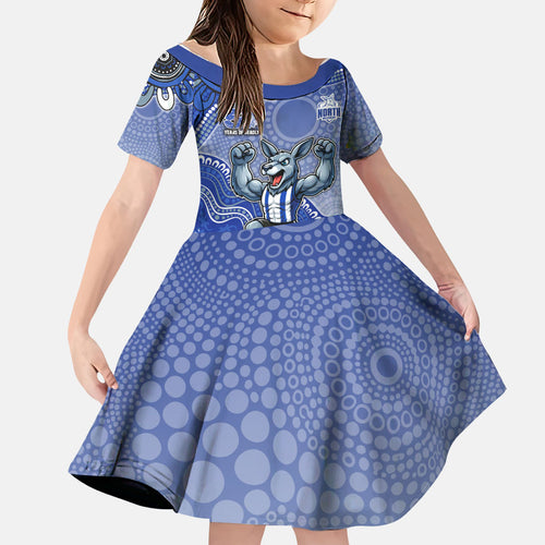 Personalized Kangaroos Football Mascot Family Matching Off The Shoulder Long Sleeve Dress and Hawaiian Shirt Aboriginal Dot Art Style Vibrant Indigenous Pattern Design
