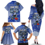 Personalized Kangaroos Football Mascot Family Matching Off The Shoulder Long Sleeve Dress and Hawaiian Shirt Aboriginal Dot Art Style Vibrant Indigenous Pattern Design