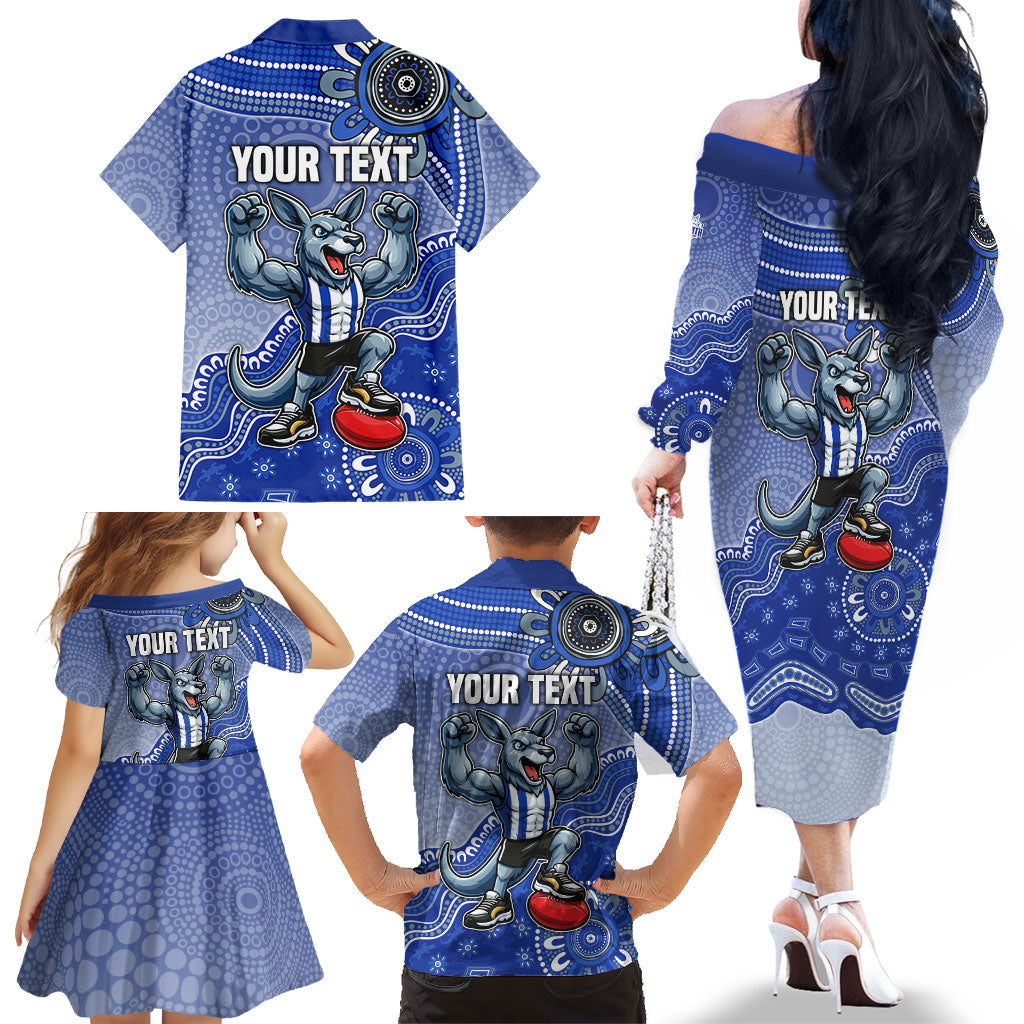 Personalized Kangaroos Football Mascot Family Matching Off The Shoulder Long Sleeve Dress and Hawaiian Shirt Aboriginal Dot Art Style Vibrant Indigenous Pattern Design