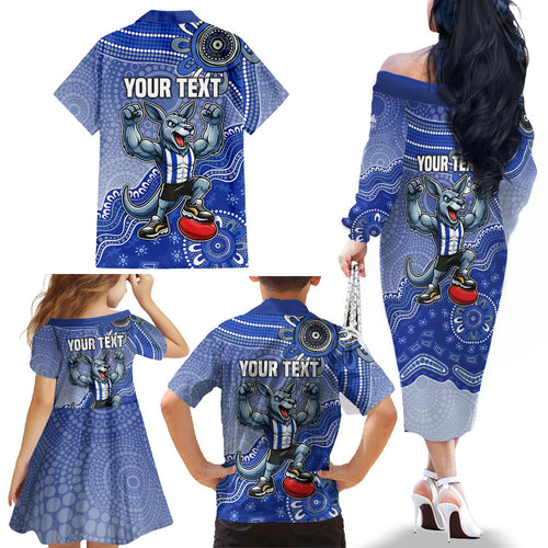 Personalized Kangaroos Football Mascot Family Matching Off The Shoulder Long Sleeve Dress and Hawaiian Shirt Aboriginal Dot Art Style Vibrant Indigenous Pattern Design