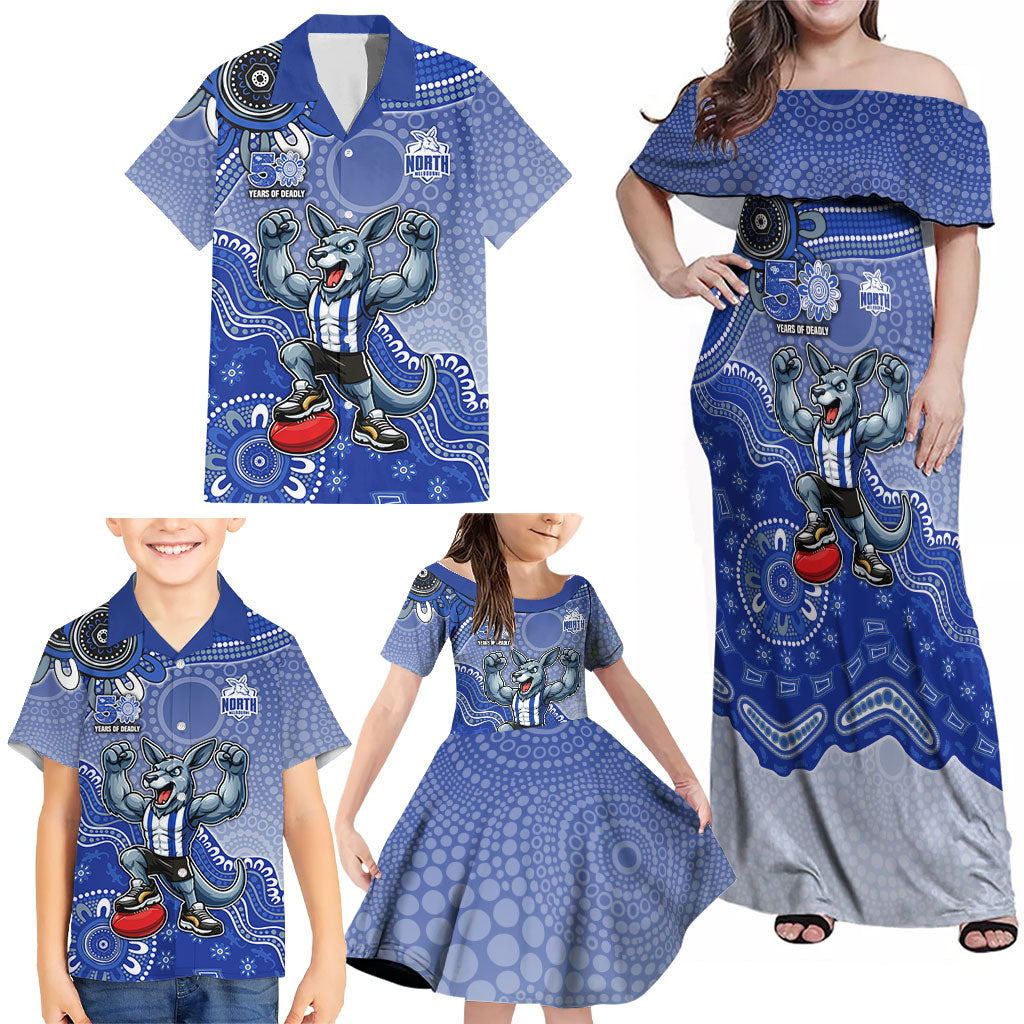 Personalized Kangaroos Football Mascot Family Matching Off Shoulder Maxi Dress and Hawaiian Shirt Aboriginal Dot Art Style Vibrant Indigenous Pattern Design