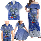 Personalized Kangaroos Football Mascot Family Matching Off Shoulder Maxi Dress and Hawaiian Shirt Aboriginal Dot Art Style Vibrant Indigenous Pattern Design