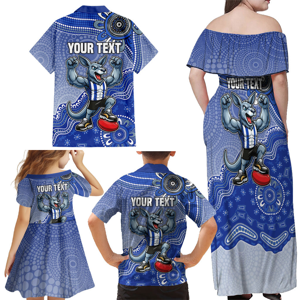 Personalized Kangaroos Football Mascot Family Matching Off Shoulder Maxi Dress and Hawaiian Shirt Aboriginal Dot Art Style Vibrant Indigenous Pattern Design
