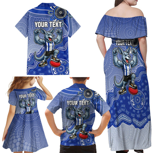 Personalized Kangaroos Football Mascot Family Matching Off Shoulder Maxi Dress and Hawaiian Shirt Aboriginal Dot Art Style Vibrant Indigenous Pattern Design