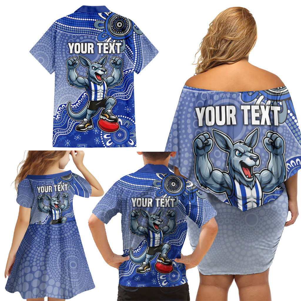 Personalized Kangaroos Football Mascot Family Matching Off Shoulder Short Dress and Hawaiian Shirt Aboriginal Dot Art Style Vibrant Indigenous Pattern Design
