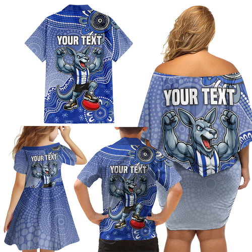Personalized Kangaroos Football Mascot Family Matching Off Shoulder Short Dress and Hawaiian Shirt Aboriginal Dot Art Style Vibrant Indigenous Pattern Design
