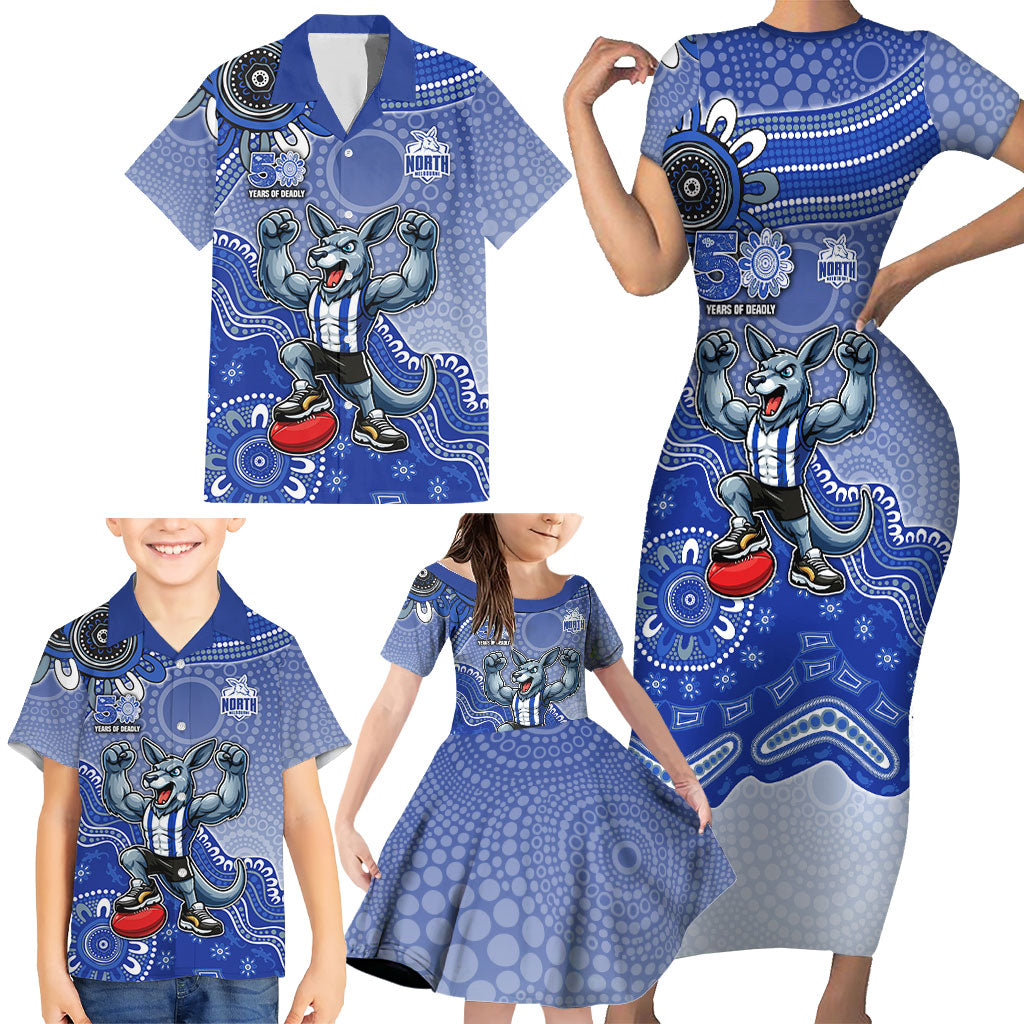 Personalized Kangaroos Football Mascot Family Matching Short Sleeve Bodycon Dress and Hawaiian Shirt Aboriginal Dot Art Style Vibrant Indigenous Pattern Design