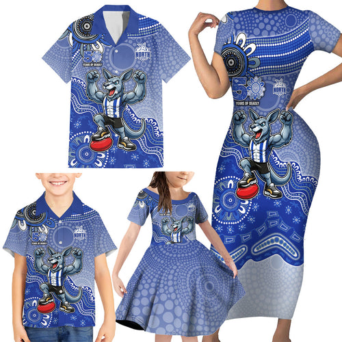 Personalized Kangaroos Football Mascot Family Matching Short Sleeve Bodycon Dress and Hawaiian Shirt Aboriginal Dot Art Style Vibrant Indigenous Pattern Design