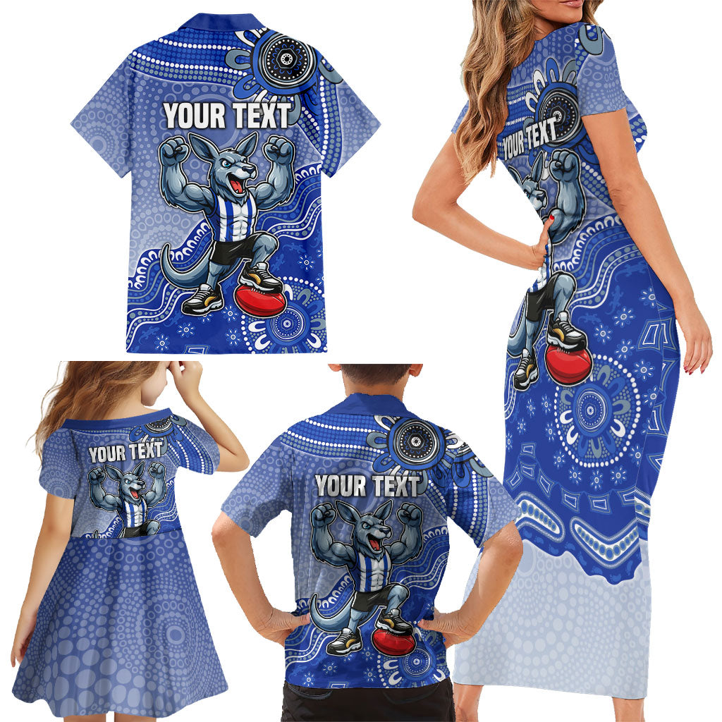 Personalized Kangaroos Football Mascot Family Matching Short Sleeve Bodycon Dress and Hawaiian Shirt Aboriginal Dot Art Style Vibrant Indigenous Pattern Design