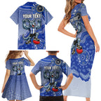 Personalized Kangaroos Football Mascot Family Matching Short Sleeve Bodycon Dress and Hawaiian Shirt Aboriginal Dot Art Style Vibrant Indigenous Pattern Design