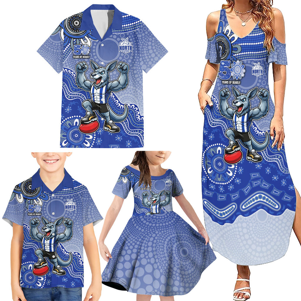 Personalized Kangaroos Football Mascot Family Matching Summer Maxi Dress and Hawaiian Shirt Aboriginal Dot Art Style Vibrant Indigenous Pattern Design