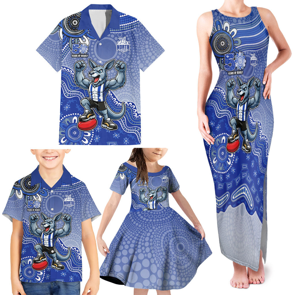 Personalized Kangaroos Football Mascot Family Matching Tank Maxi Dress and Hawaiian Shirt Aboriginal Dot Art Style Vibrant Indigenous Pattern Design