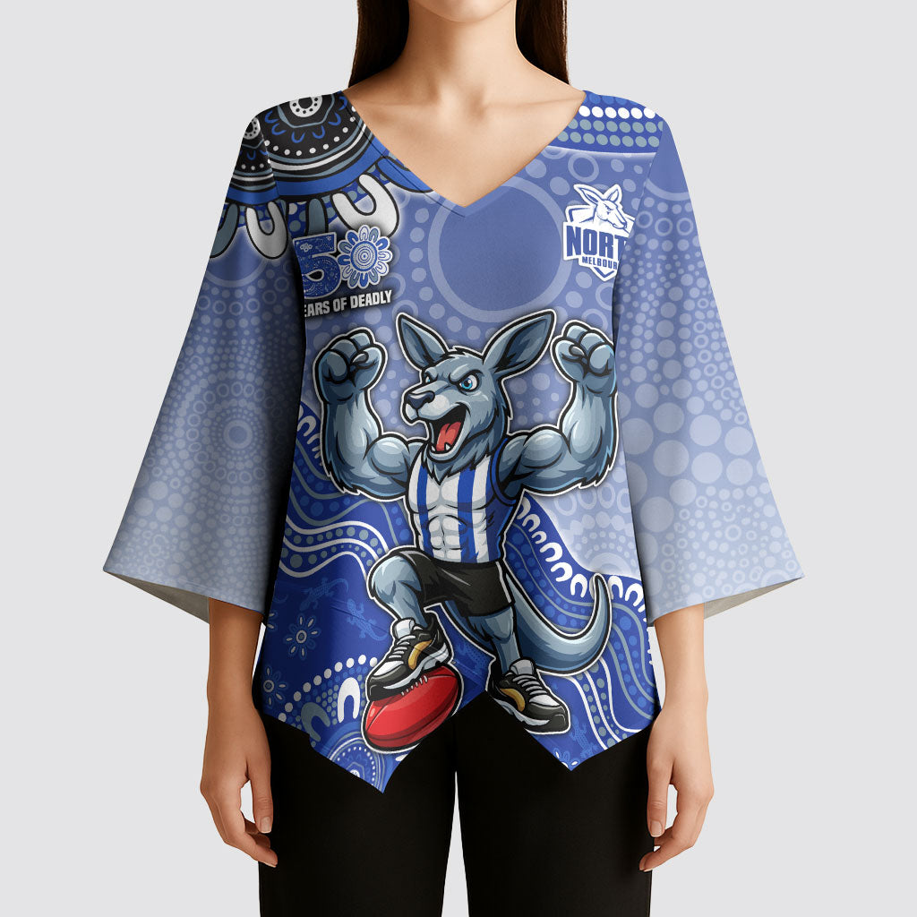 Personalized Kangaroos Football Mascot Kimono Sleeve Blouse Aboriginal Dot Art Style Vibrant Indigenous Pattern Design