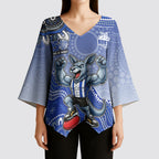 Personalized Kangaroos Football Mascot Kimono Sleeve Blouse Aboriginal Dot Art Style Vibrant Indigenous Pattern Design