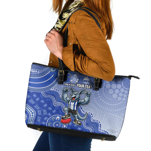 Personalized Kangaroos Football Mascot Leather Tote Bag Aboriginal Dot Art Style Vibrant Indigenous Pattern Design