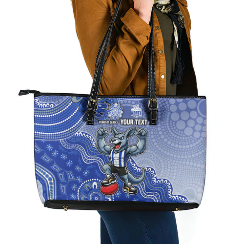 Personalized Kangaroos Football Mascot Leather Tote Bag Aboriginal Dot Art Style Vibrant Indigenous Pattern Design