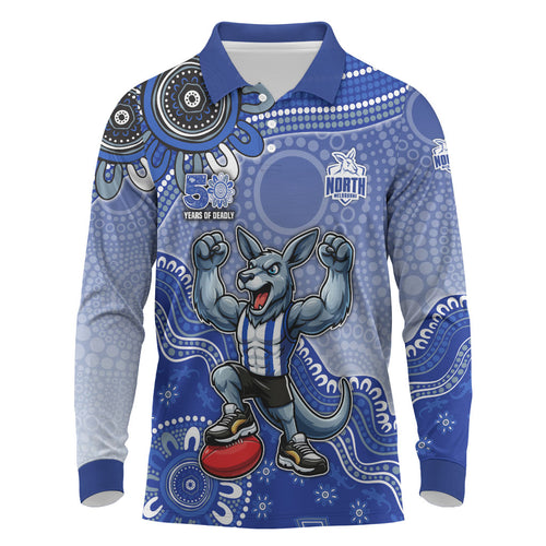 Personalized Kangaroos Football Mascot Long Sleeve Polo Shirt Aboriginal Dot Art Style Vibrant Indigenous Pattern Design